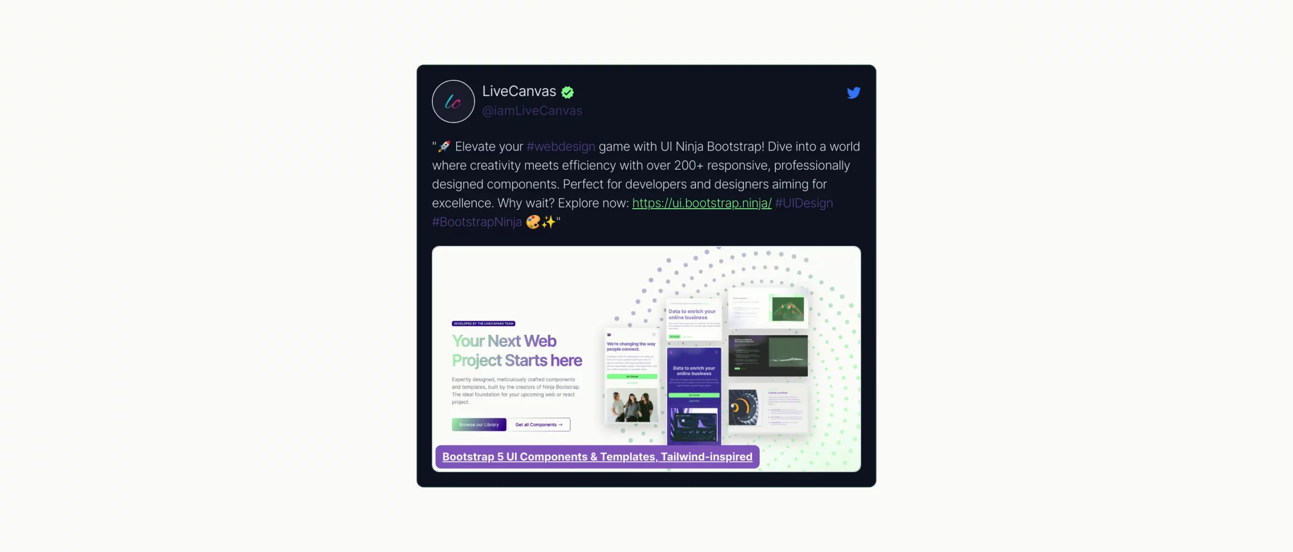 Tweet Card With Image and Link – Dark Slate Bootstrap 5 components